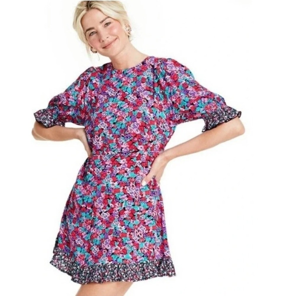 Purple Red Floral Puff Sleeve Mini/Knee Dress RIXO for Target Sz 4 Coquette Girl